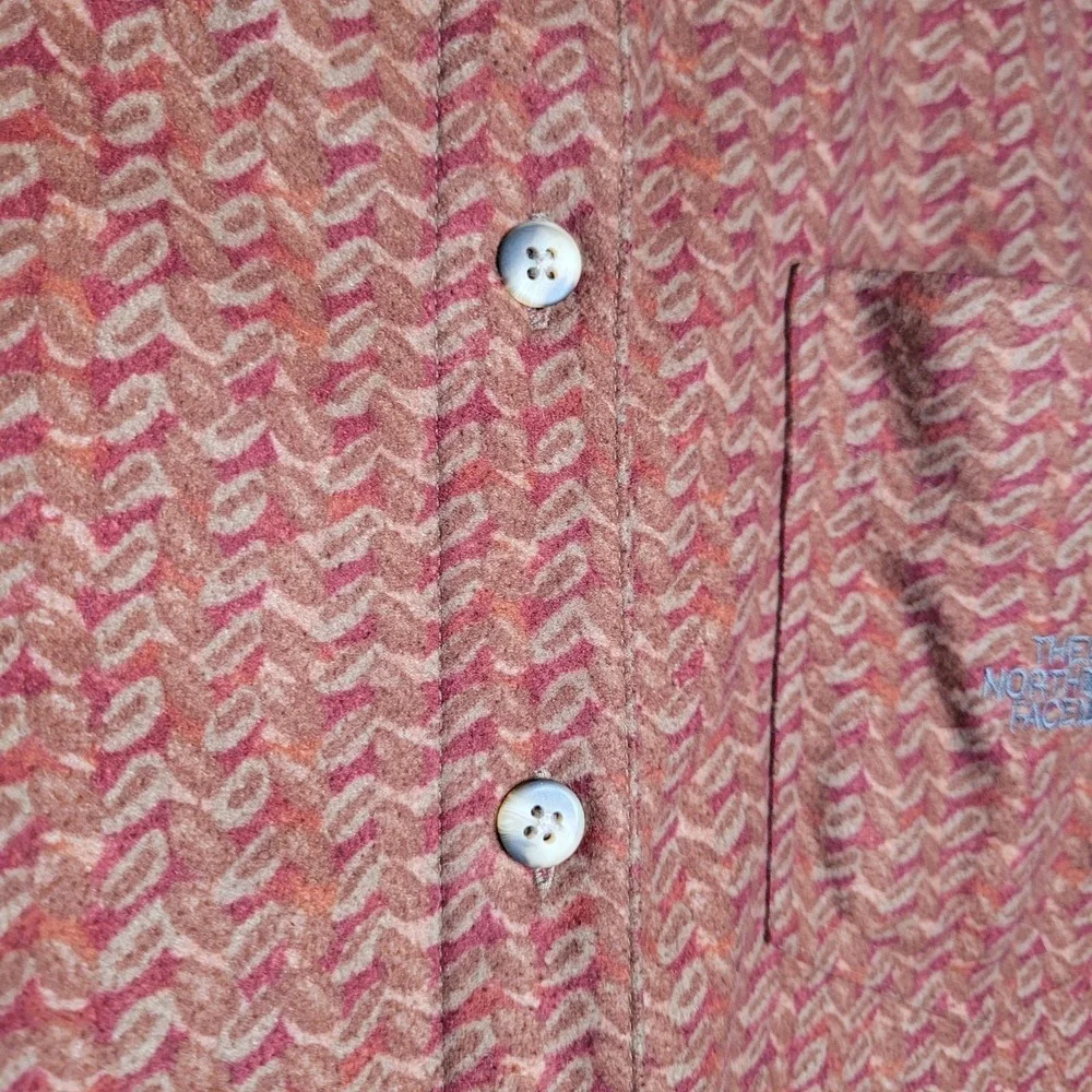 VTG North Face Men's Geometric Button-Up Shirt Brown Red Embroidered Long Sleeve